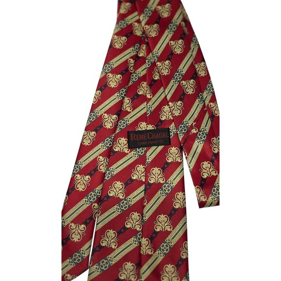 Rene Chagal Men's Burgundy & Gold Fleur-de-Lis Stripe Necktie - Picture 4 of 7